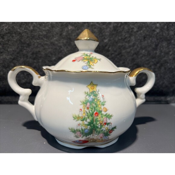 Vintage Lefton Christmas‎ Tree Sugar & Creamer Set Gold Trim #1659 RARE - Picture 2 of 9